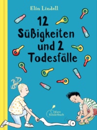 Ein Junge und ein Mädchen spielen mit einer Toilettenpapier-Rolle. Darüber fliegen Weingummi-Schnuller durch die Luft