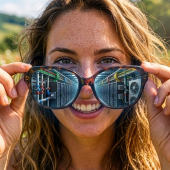 Porträt einer Frau mit Sonnenbrille in der Antur. In der Brille spiegeln sich große Serveranlagen in Rechenzentren.