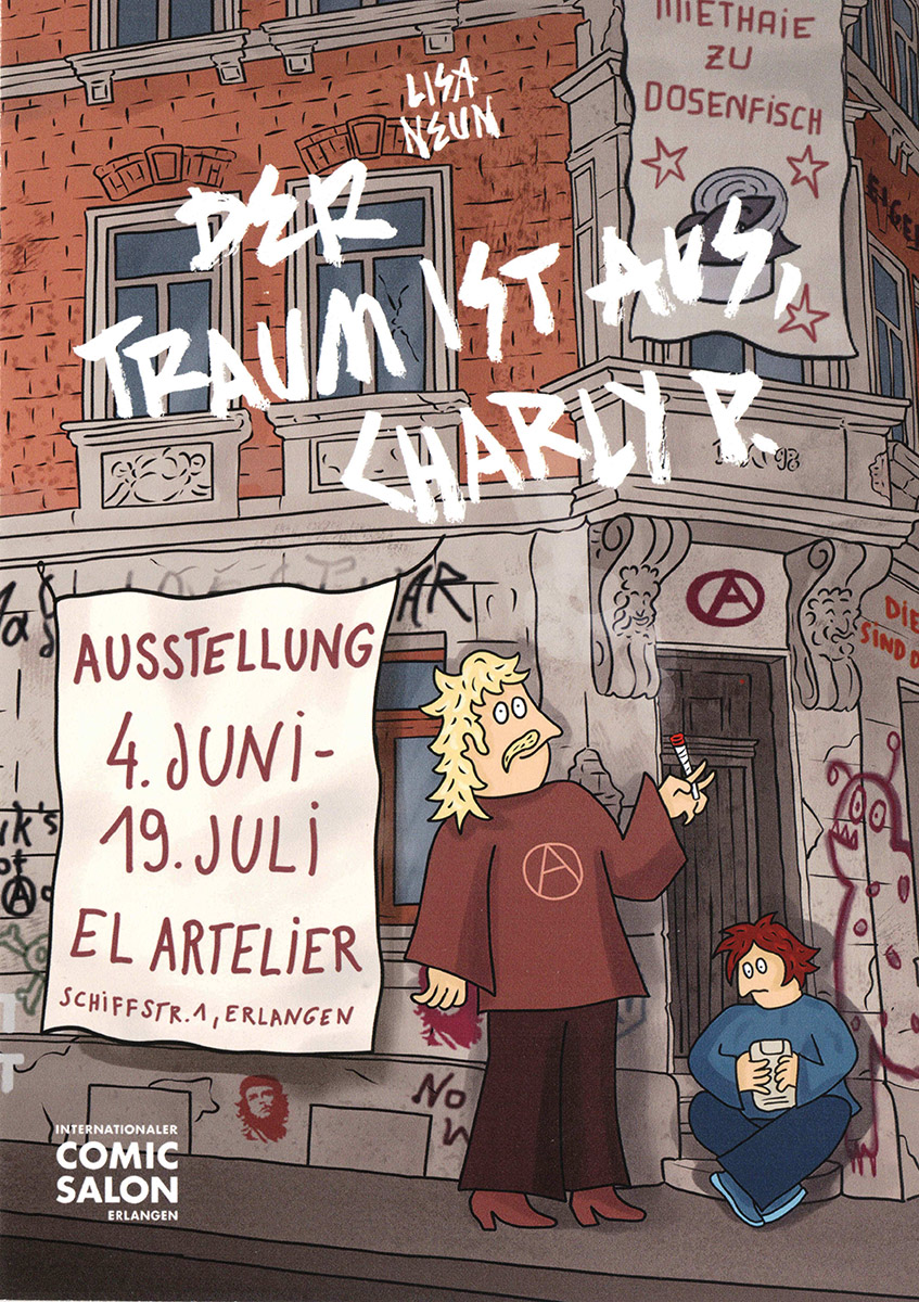 Ein gezeichneter Mann in alternativer Kleidung steht vor einem mit Graffiti beschmierten Huas und raucht einen Joint