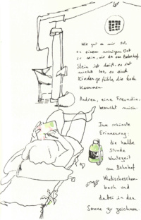 Eine gezeichnete Seite aus einem Comic Tagebuch. Eine Person liegt im Garten und zeichnet etwas auf ein Papier.