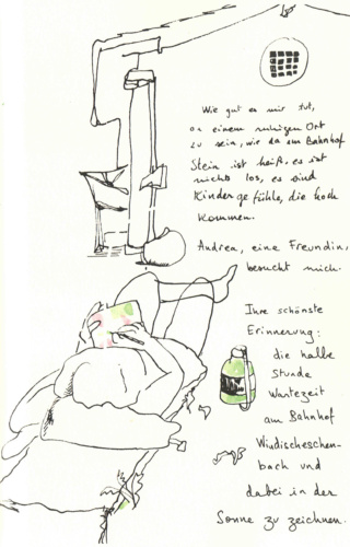 Eine gezeichnete Seite aus einem Comic Tagebuch. Eine Person liegt im Garten und zeichnet etwas auf ein Papier.