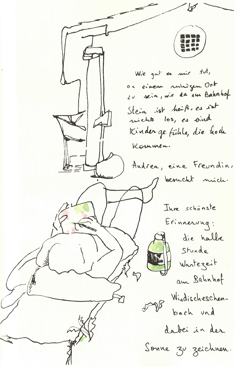 Eine gezeichnete Seite aus einem Comic Tagebuch. Eine Person liegt im Garten und zeichnet etwas auf ein Papier.