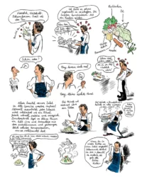 Ein Koch in verschiedenen Dialogszenen.