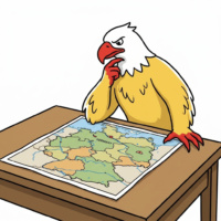 Ein gezeichneter Adler blickt nachdenlklich auf eine Landkarte Deutschlands und reibt sich das Kinn.