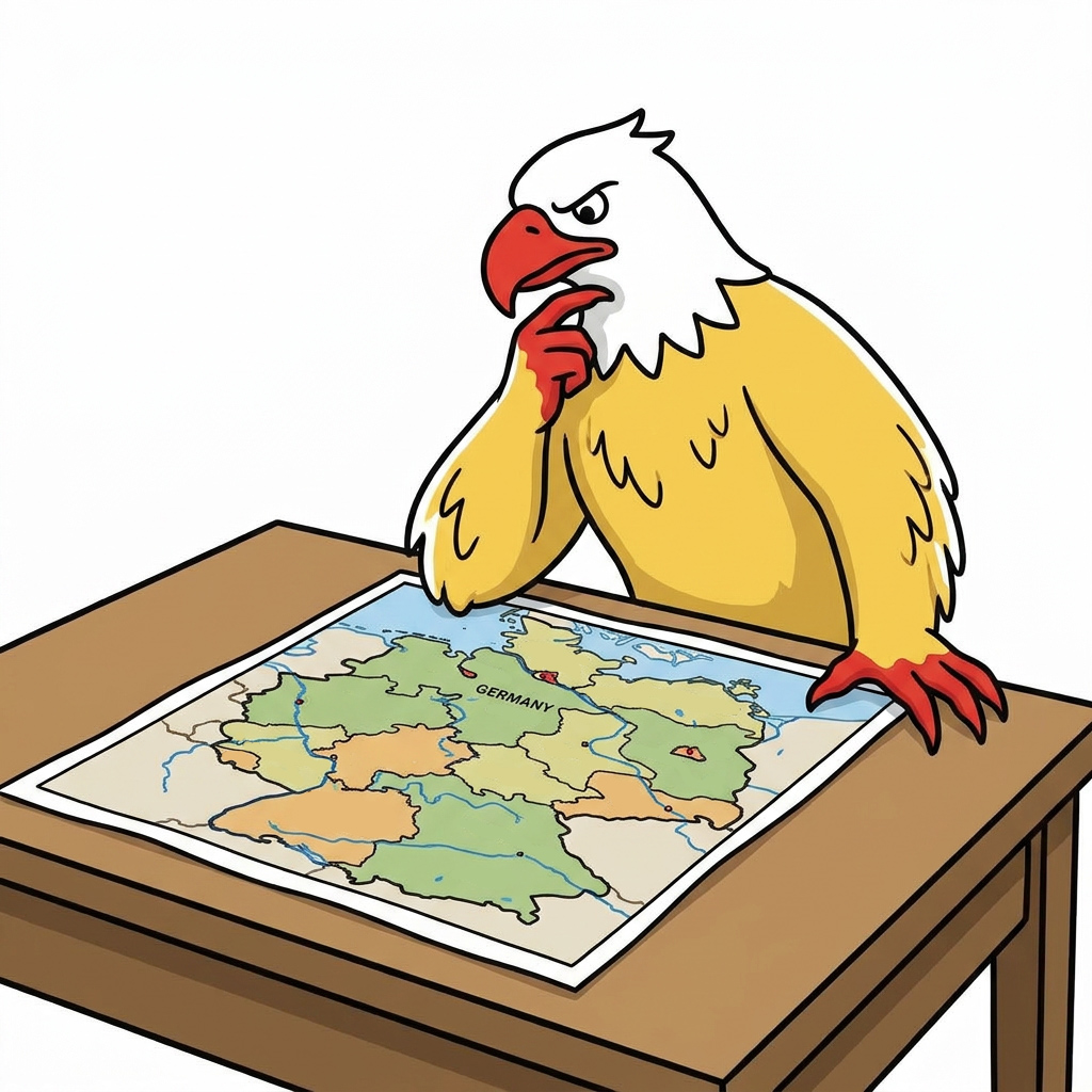 Ein gezeichneter Adler blickt nachdenlklich auf eine Landkarte Deutschlands und reibt sich das Kinn.