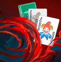 Einige Spielkarten vor einer roten Welle