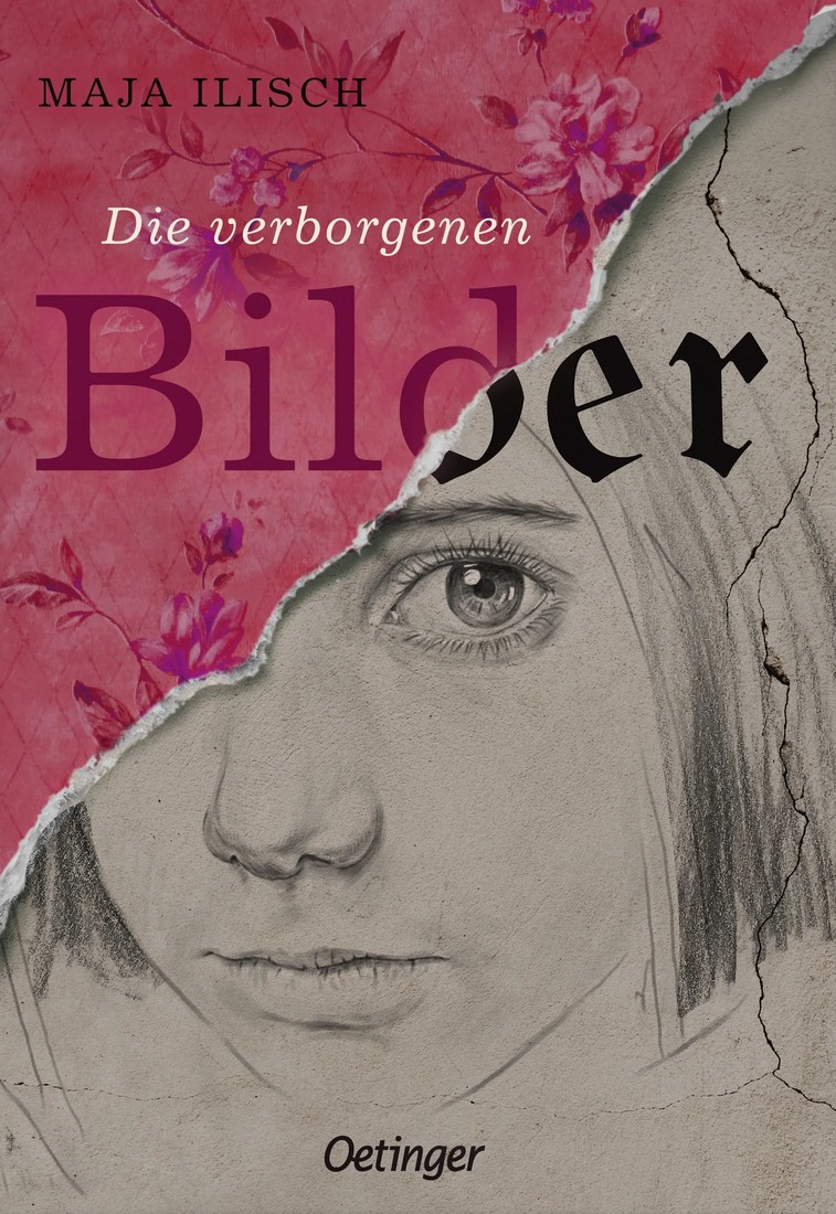 Eine abgerissene Blümchentapete. Dahinter erscheint die schwarz-weiß-Zeichnung eines Mädchens.