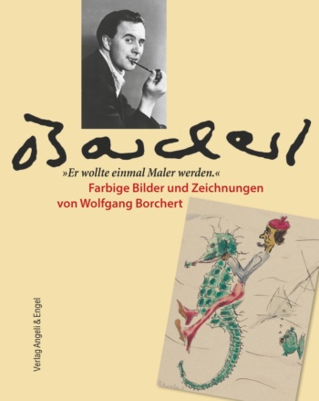 Ein Porträtfoto des Malers, der Pfeife raucht. Daneben eine Zeichnung auf der ein Matrose auf einem großen Seepferdchen reitet.