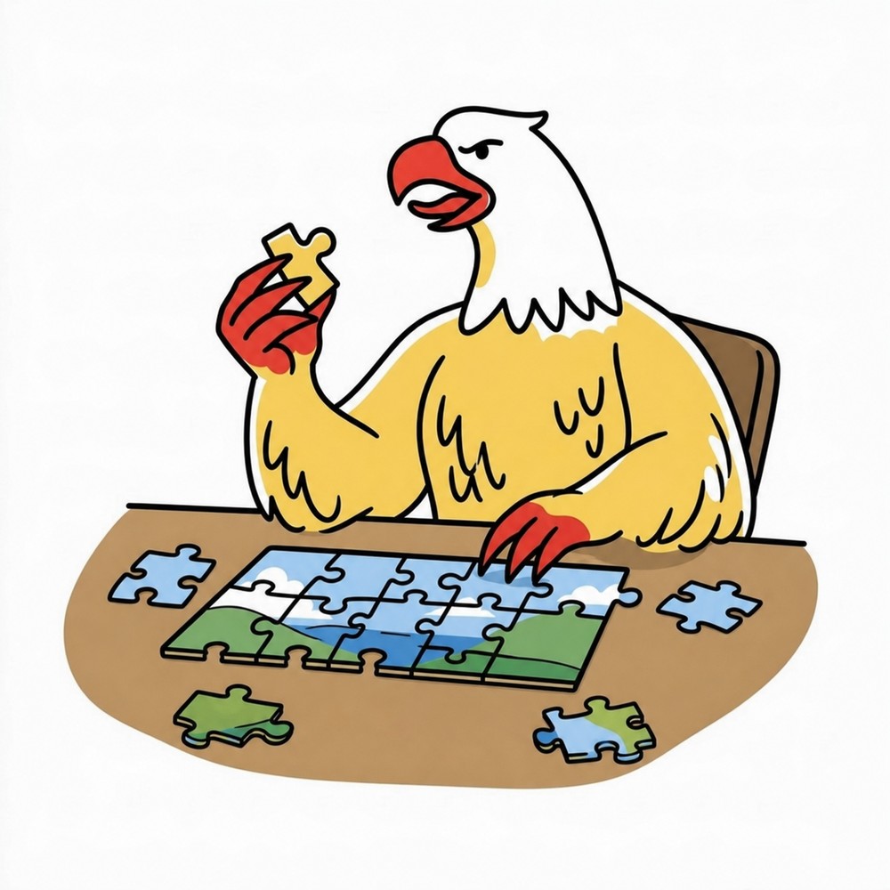 Ein Adler sitzt an einem Tisch und versucht, ein Puzzle zu lösen