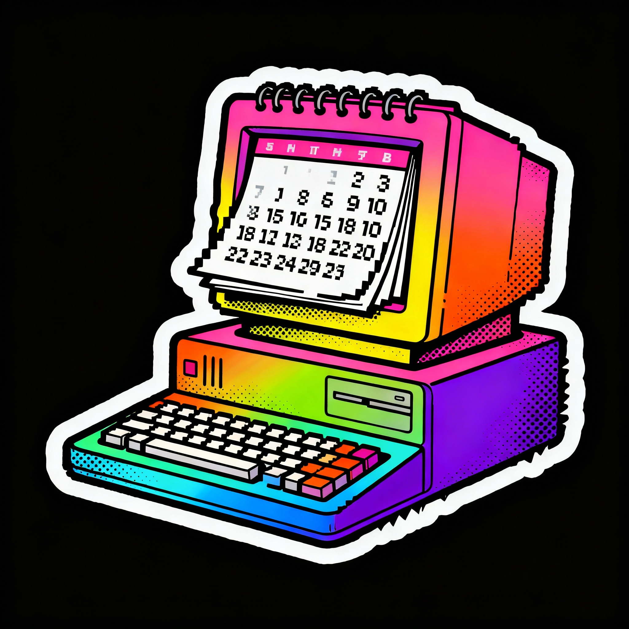 Ein Desktop-Computer. Der Bildschirm ist ein Abreisskalender.