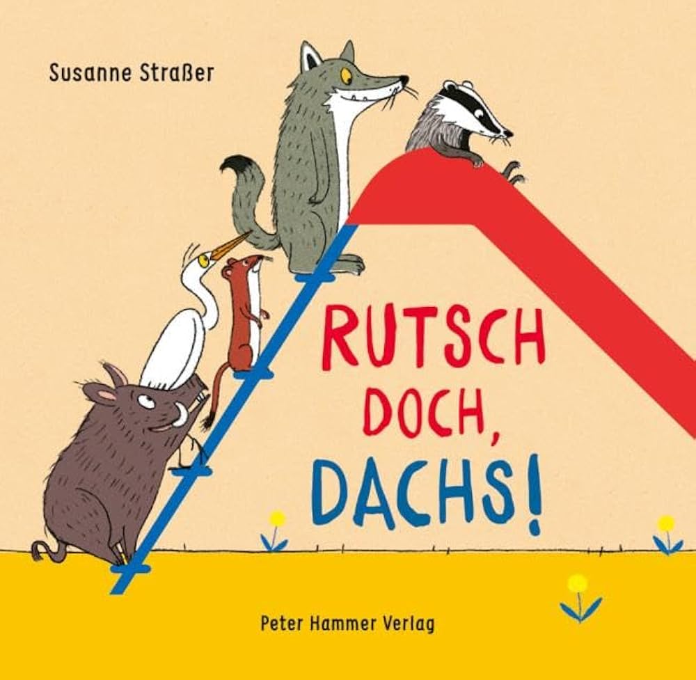 Mehrere Tiere stehen an einer Spielplatzrutsche an. Auf ihr sitzt ein Dachs, der aber nicht rutscht.