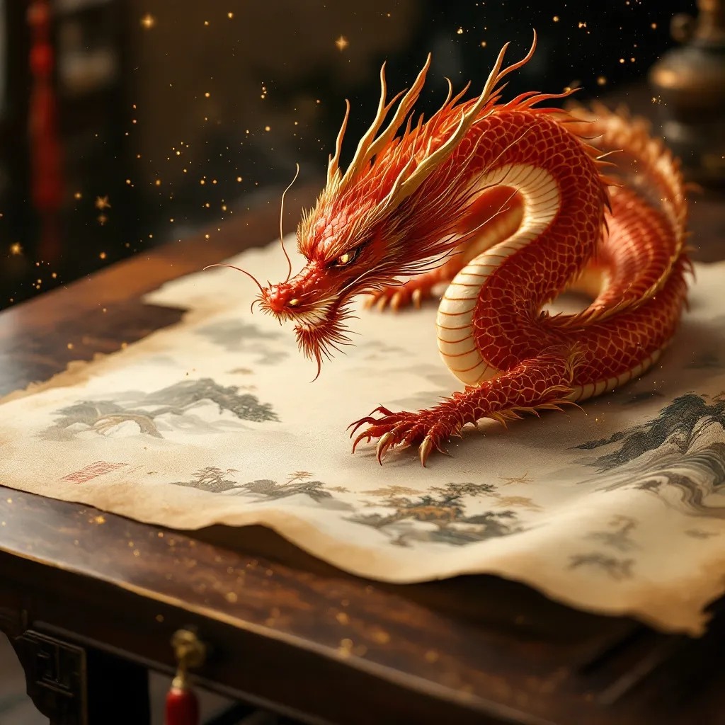 Ein traditionelles Landschaftsgemälde aus der Yuan-Dynastie liegt auf einem Tisch aus dunklem Holz . Ein majestätischer purpurroter chinesischer Drache, der dynamisch emporsteigt, wirkt lebensecht, als würde er aus dem Papier herauskommen, sich von der traditionellen Kunst lösen und einen dreidimensionalen Effekt erzeugen. Er fliegt über die Tischoberfläche. Die Szene ist in warmes, ätherisches Licht getaucht.