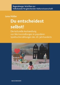 Spielfiguren bilden eine Szene: Eine Frau an einer Weggabelung. Sie steht vor der Wahl, den Weg zu einem romantischen Bauernhaus einzuschlagen, oder in eine große dunkle Stadtlandschaft.