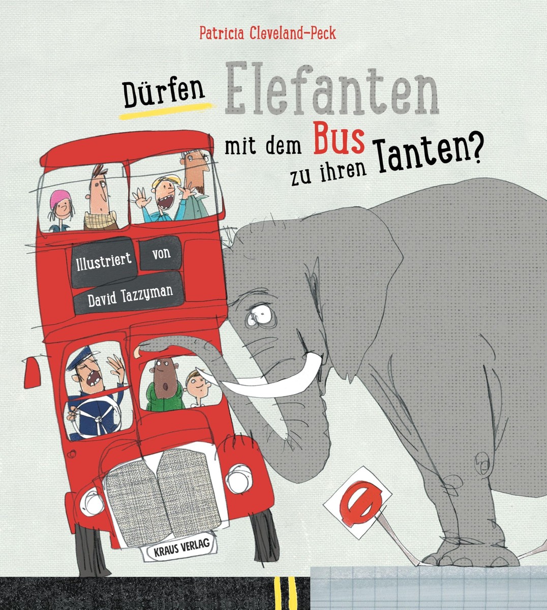 Ein Elefant schiebt einen roten englischen Doppeldeckerbus zur Seite.