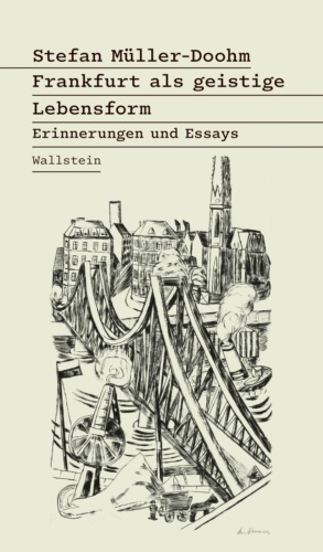 Zeichnung einer Brücke in einer Stadt, die über einen Fluss führt. Im Wasser schwimmen einige Schiffe.
