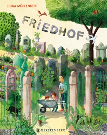 Ein Mann und zwei Kinder auf einem idyllischen Friedhof