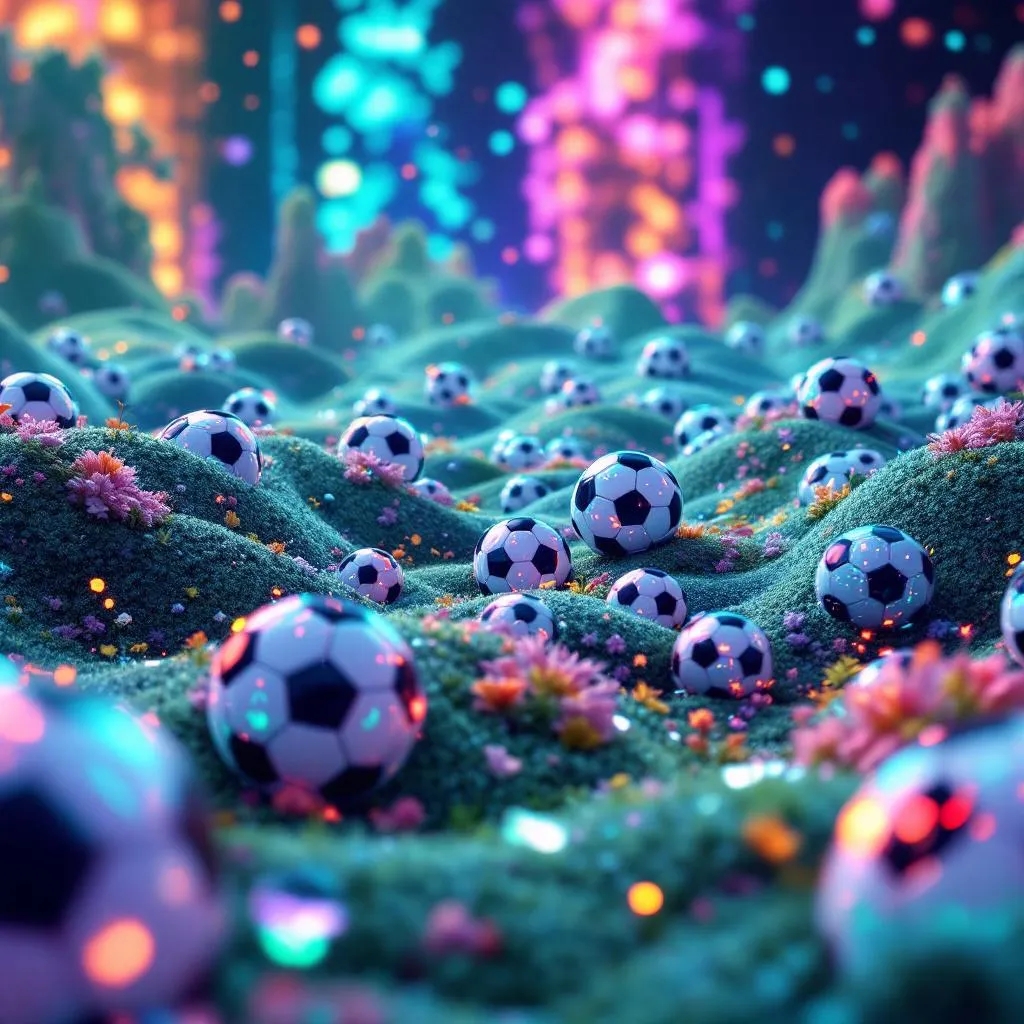 Eine bunte Landschaft, in der viele Fußbälle liegen