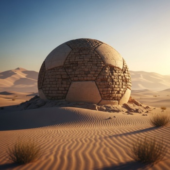 Ein Fußball aus Sand und Ziegelsteinen in der Wüste