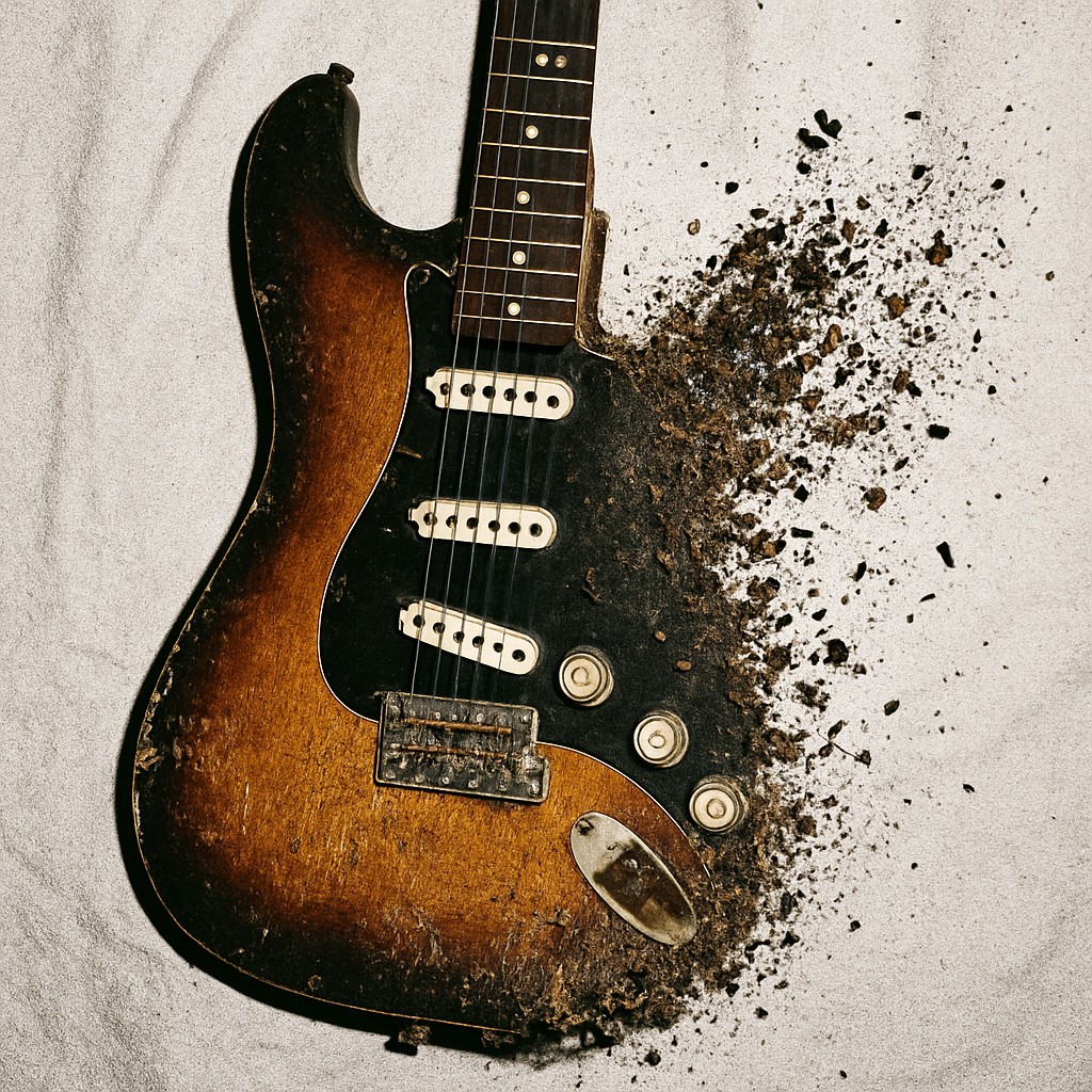 Eine Gitarre, die sich in Staub auflöst