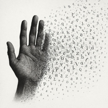Eine menschliche Hand, die sich in viele kleine Buchstaben auflöst