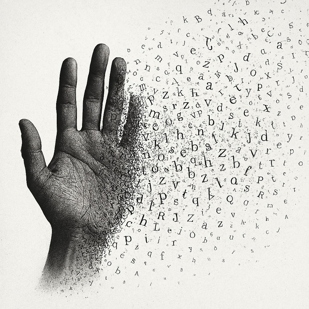 Eine menschliche Hand, die sich in viele kleine Buchstaben auflöst