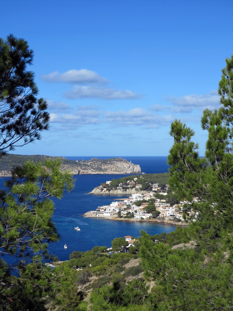 Eine kleine Bucht am Meer mit einem Städtchen und Wäldern