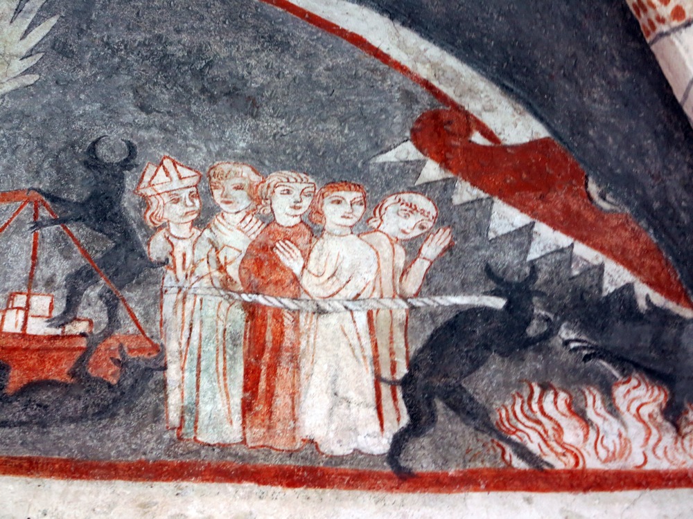 Eine Darstellung des Jüngsten Gerichts. Der Teufel zieht arme Seelen in das Höllenfeuer