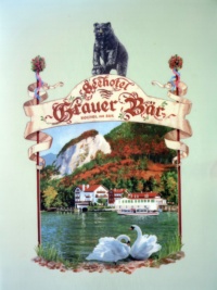 Eine Postkarte, die ein Hotel an einem See zeigt