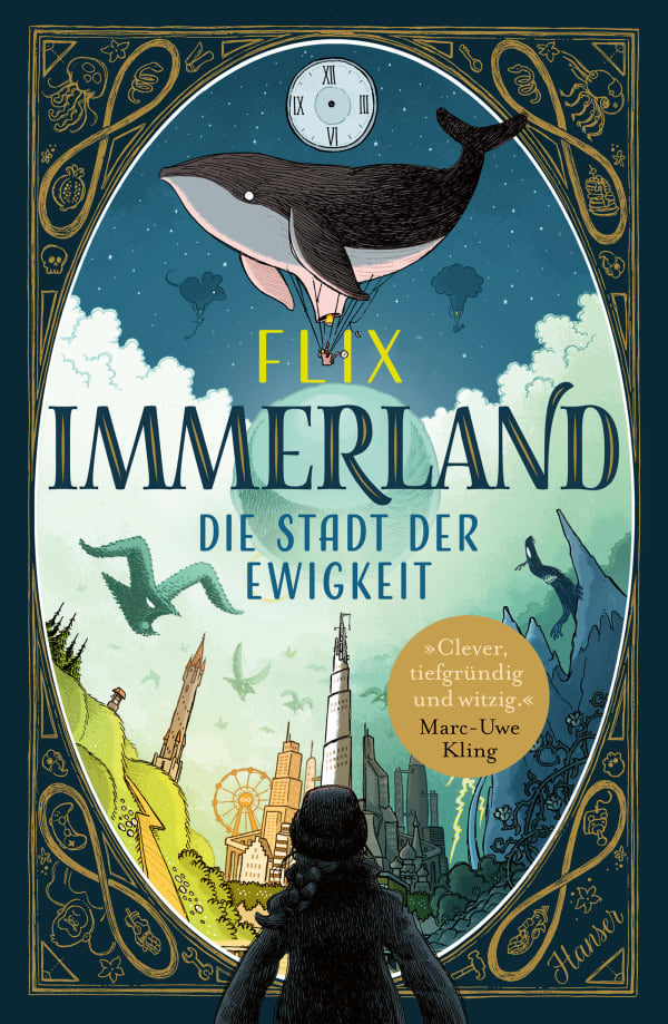 Ein Mädchen betrachtet eine fantastische Landschaft mit fliegenden Walen und Wolkenkratzern.