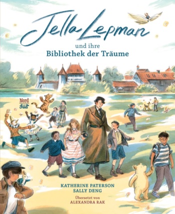 Eine Frau hält Kinder an der Hand und läuft mit ihnen über eine Wiese. Sie werden von Figuren aus Kindererzählungen begleitet. Im Hintergrund ist ein romantisches Dorf zu sehen.