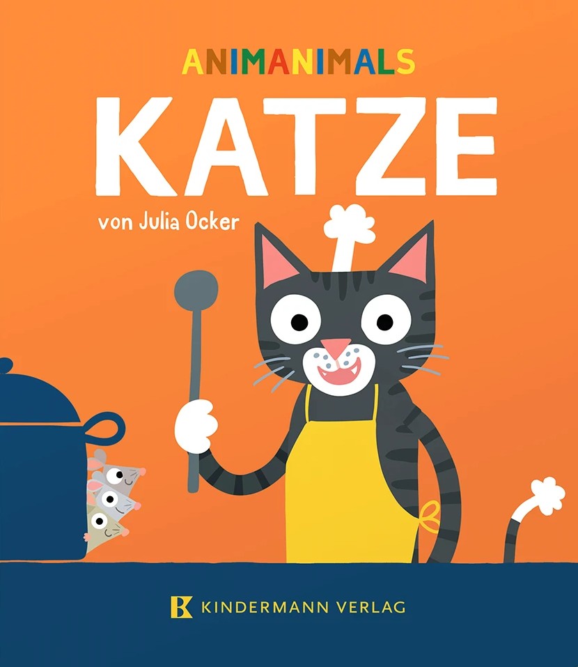 Eine Katze steht an einem Herd mit Topf und schwingt einen Kochlöffel