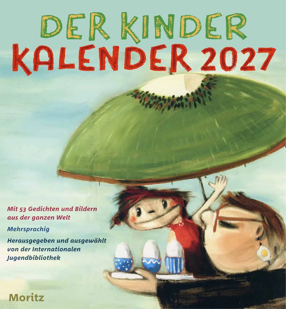 Zwei Personen unter einem Schirm, der wie eine Kiwi aussieht.