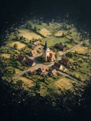 Eine Kirche in einem kleinen Dorf. Die Ränder des Ortes zerfallen in Dunkelheit