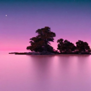 Eine Lagune im Sonnenuntergang. Einige Bäume ragen in das offene Meer.