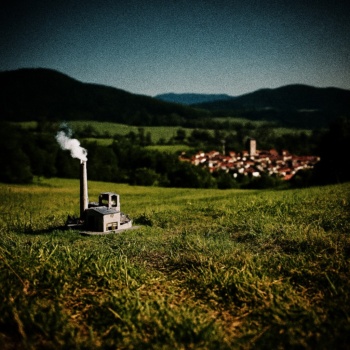 Eine wunderschöne Landschaft. Es gibt eine Fabrik und eine Stadt, aber beide sind sehr klein, wie Puppenhäuser.