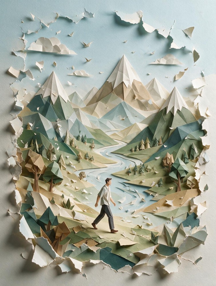 Ein Mann wandert durch eine Landschaft mit Bergenund Seen. Die Landschaft ist aus Papier gefaltet, wie aus Origami