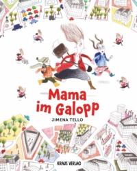 Eine Frau mit wehenden Haaren und Rock hetzt im Spurt mit zwei Kindern an der Hand durch eine Stadt.
