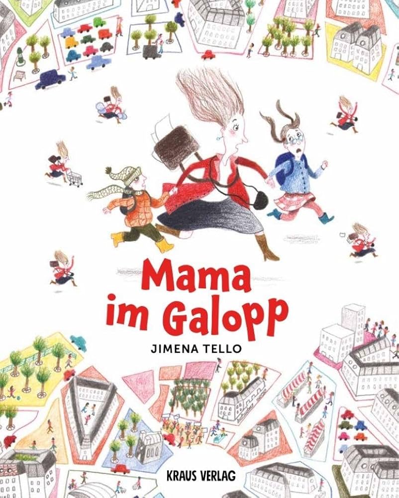 Eine Frau mit wehenden Haaren und Rock hetzt im Spurt mit zwei Kindern an der Hand durch eine Stadt.