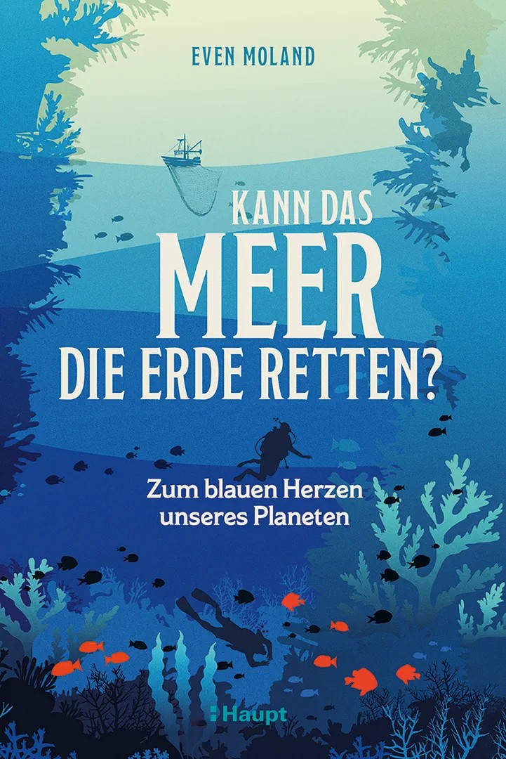 Zeichnung des Meers, in dem ein Taucher und viele Fische schwimmen. Auf der Oberfläche schwimmt ein kleins Schiff.