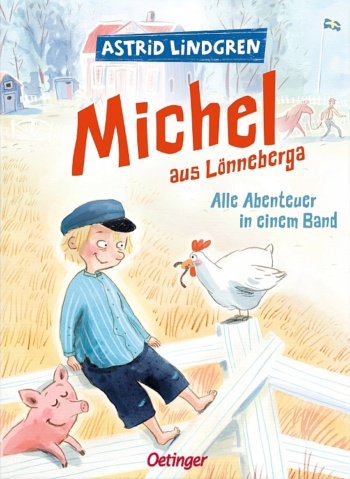 Ein Junge istzt auf einem Zaun. Neben ihm sieht man ein Huhn und ein Schwein
