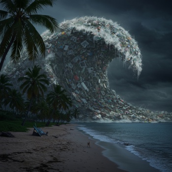Idyllischer Strand mit Palmen trifft auf einen dunklen, bedrohlichen Horizont. Eine riesige Welle, die vollständig aus Müll besteht, bricht sich am Strand mit Plastikabfällen, Ölteppichen und weggeworfener Technik.
