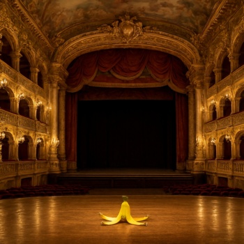 Der Innenraum eines prächtigen barocken Opernhauses. Auf der ansonsten leeren Bühne liegt eine leere Bananenschale