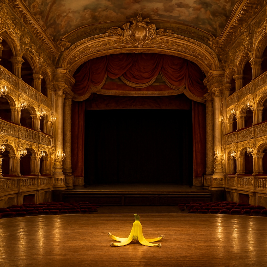 Der Innenraum eines prächtigen barocken Opernhauses. Auf der ansonsten leeren Bühne liegt eine leere Bananenschale