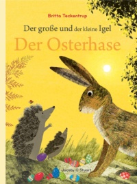 Im hone Gras einer Wiese treffen sich ein Hase und zwei Igel. zu ihren Füßen liegen viele bunte Ostereier.