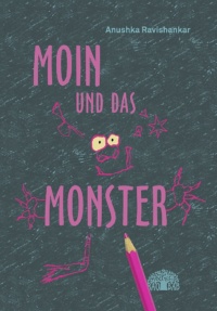 Lilafarbene Schirft und gezeichnete Augen auf einer Schiefertafel