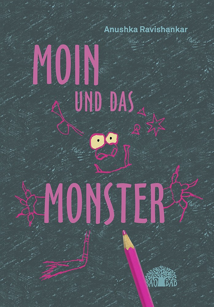 Lilafarbene Schirft und gezeichnete Augen auf einer Schiefertafel