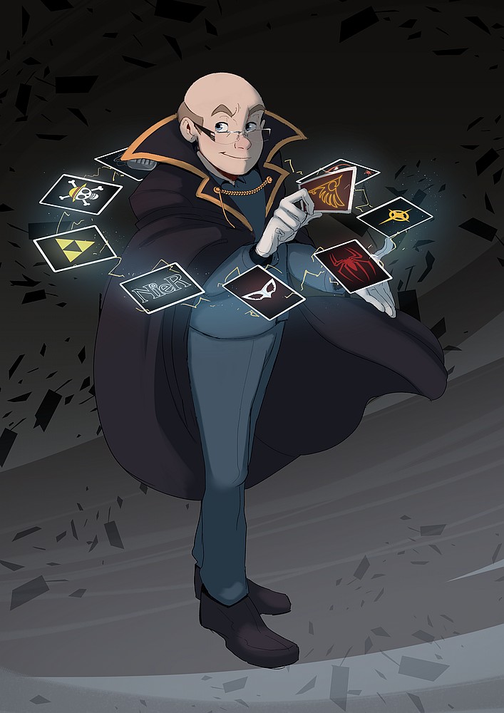 Ein Mann in einem dunklen Umhang, der von Spielkarten umkreist wird