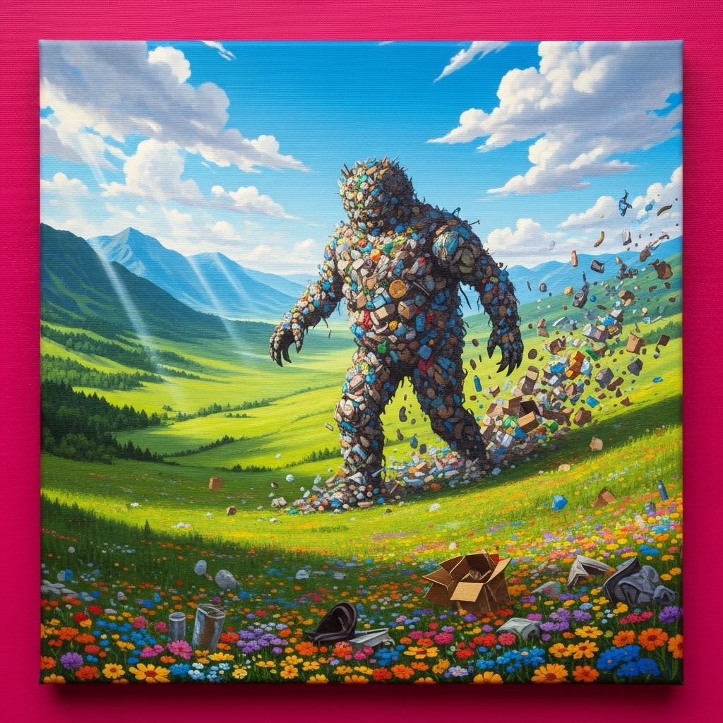 Ein Riese, der aus Müll und alten Verpackungen besteht, läuft über eine blumenübersäte Almwiese. Im Hintergrund sind hohe Berge zu sehen.
