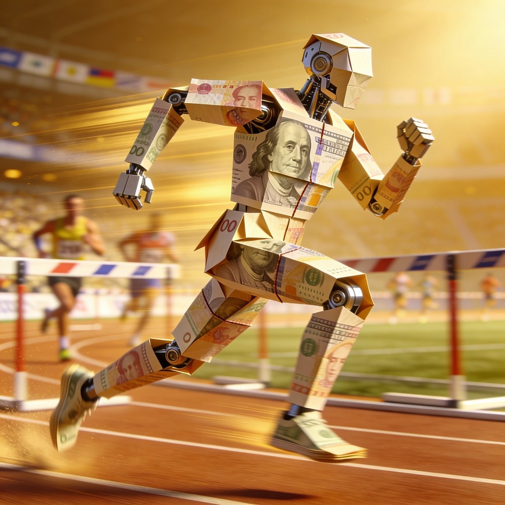 Ein humnoider Roboter, der einem Sportstadion einen Hürdenlauf absolviert. Die Außenhülle des Roboters ist mit Geldscheinen verziert