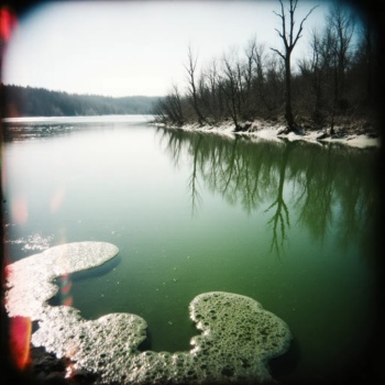 Ein riesiger, stiller See, der die ruhige Landschaft widerspiegelt. Sein Wasser hat jedoch eine unnatürliche, kränkliche grüne Farbe und ist an den Rändern dick und schaumig. Skelettartige Bäume, die durch die giftigen Dämpfe entlaubt wurden, säumen das Ufer.